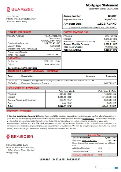 Download Hong Kong BEA bank mortgage statement scr Photoshop template
